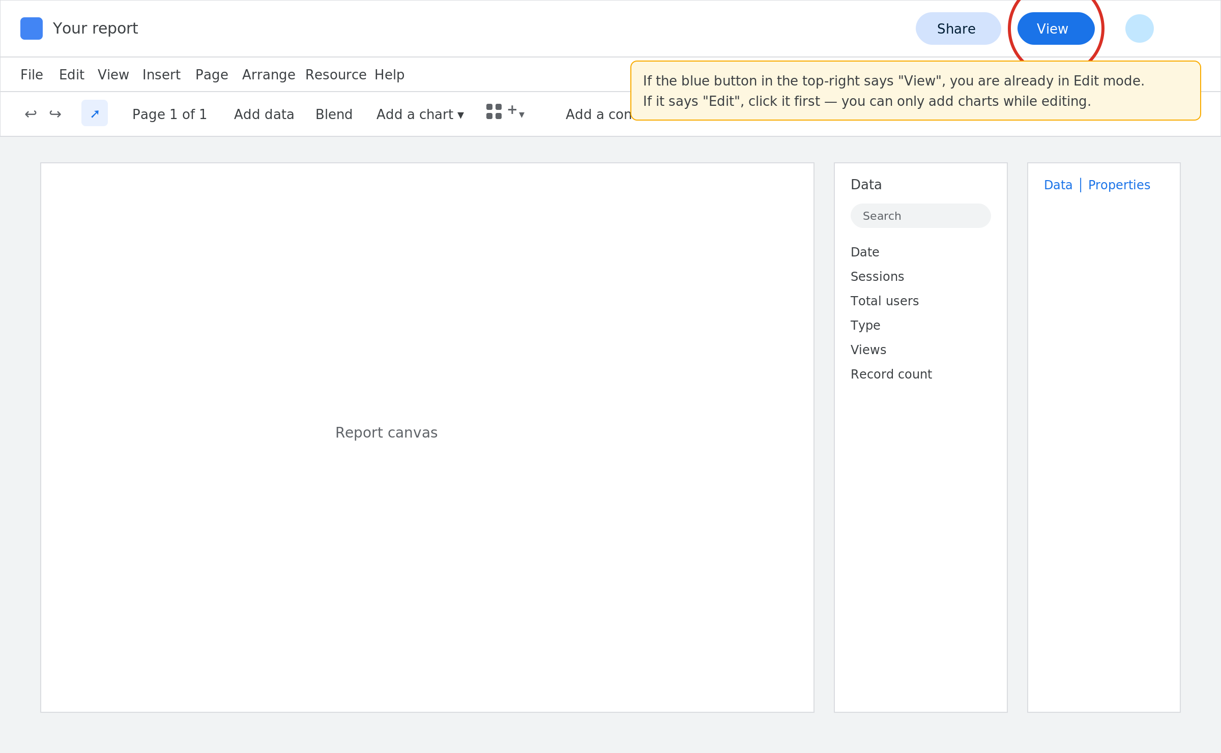 Data Studio report open in Edit mode, with the menu bar visible and the View button top-right