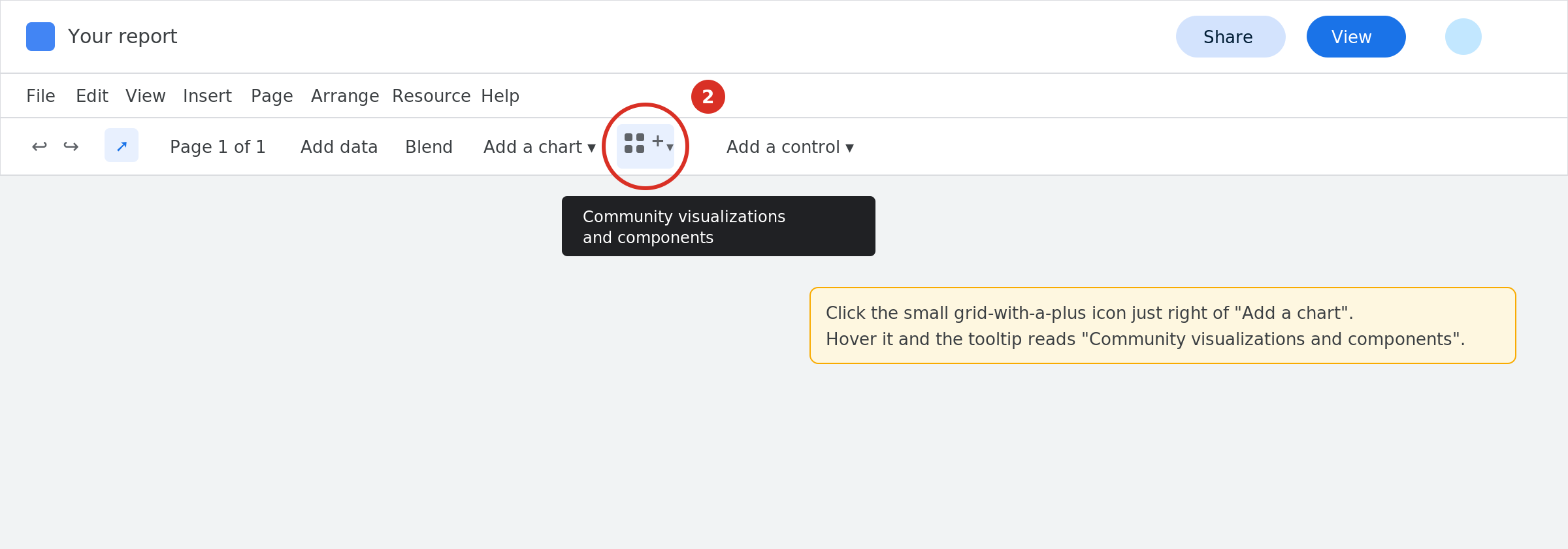 Toolbar with the grid-with-a-plus Community visualizations and components button highlighted, between Add a chart and Add a control