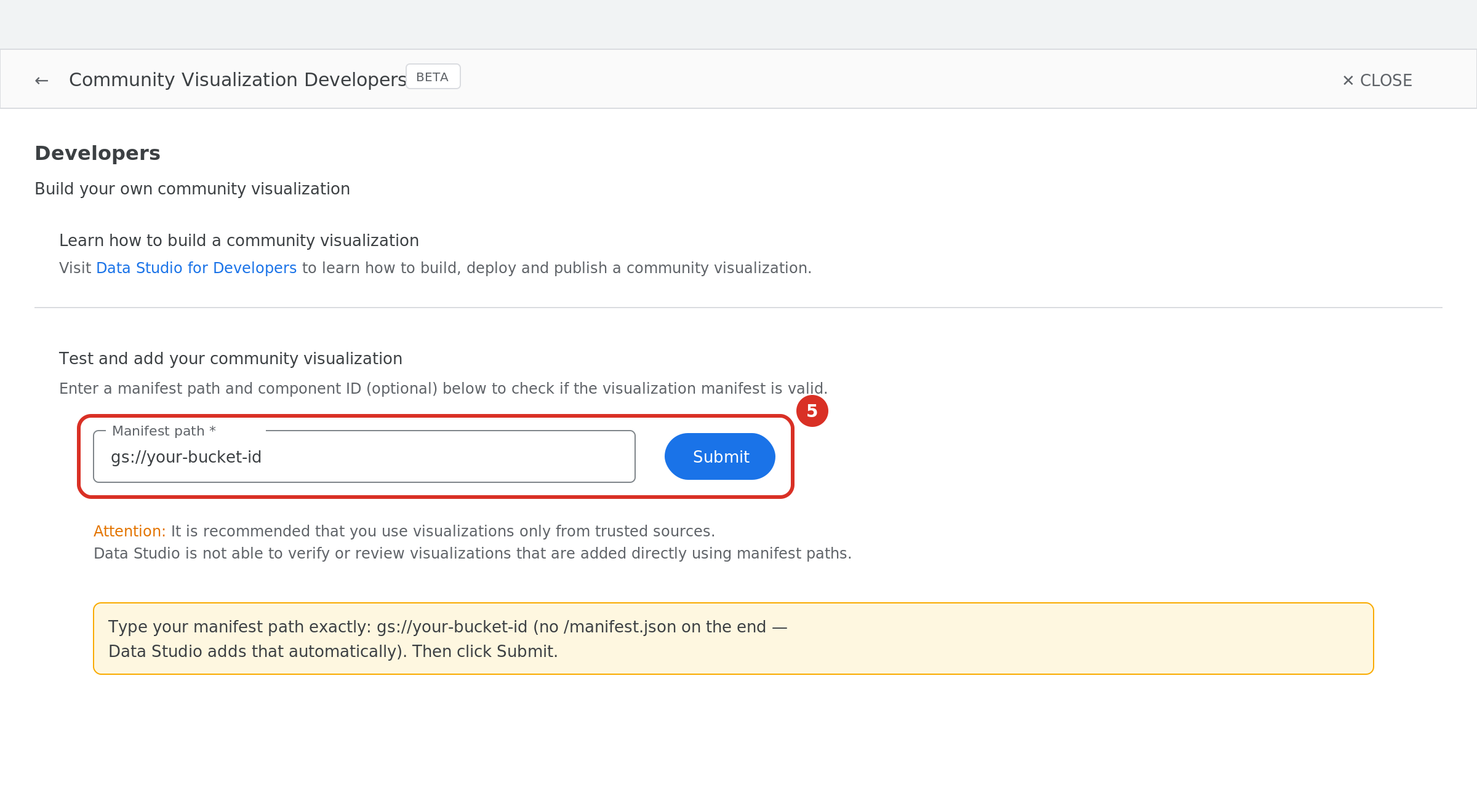 Manifest path field with a gs:// placeholder path entered and the Submit button highlighted