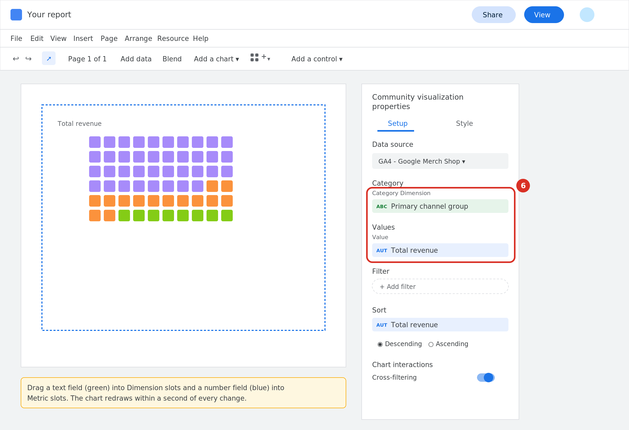 Setup tab with dimension and metric slots and the cross-filtering toggle